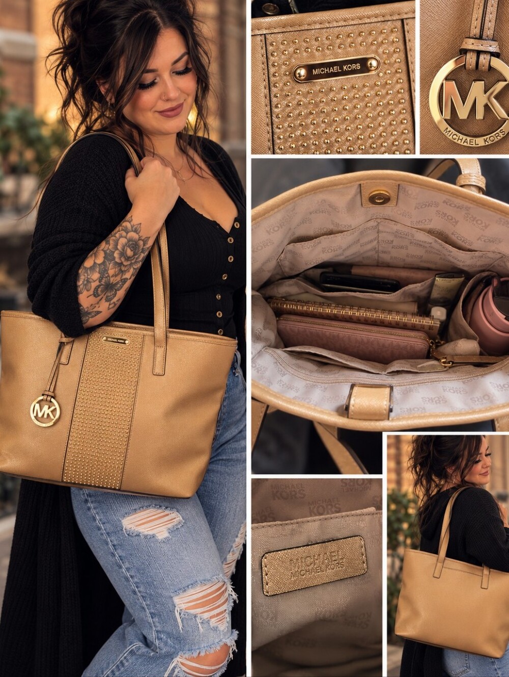Michael Kors Rose Gold Leather Tote Bag with Logo Charm